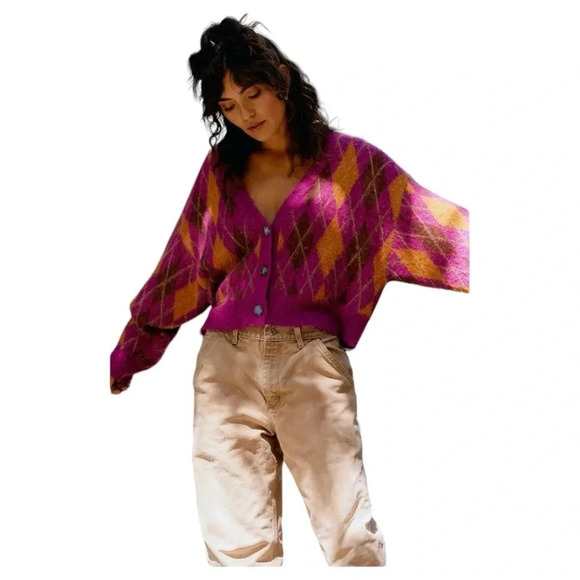Daydreamer - Fuschia Sunset Argyle Cardigan slouchy cropped NWT - Picture 1 of 9